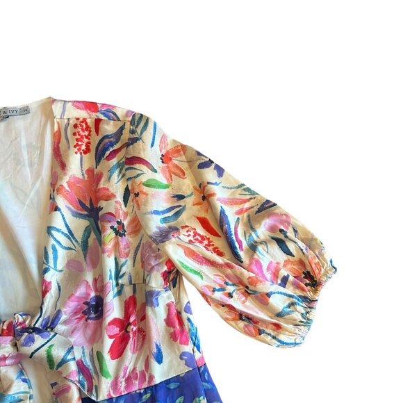 Hope & Ivy Maternity Tie Front Midi Tea Dress Satin Contrast Floral Size 14 NWOT - Picture 4 of 13